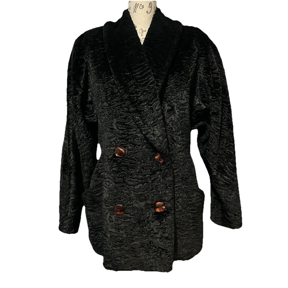 Vintage Portrait Persian Lamb Faux Fur Coat Black Small Goth Witchy